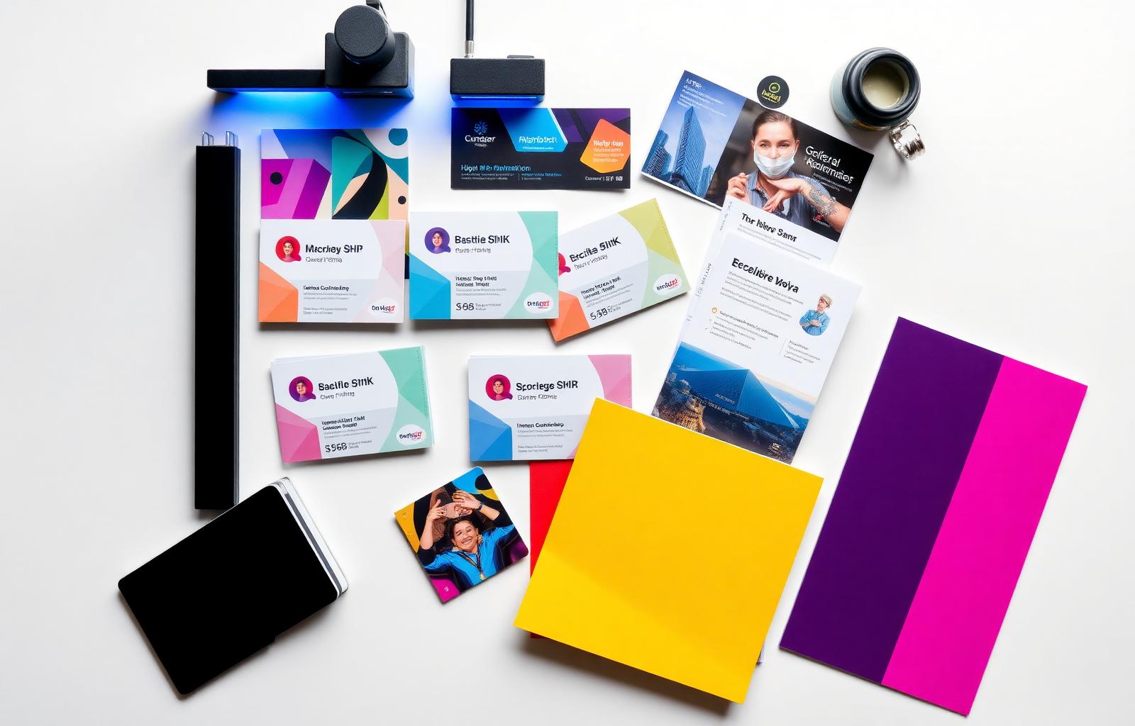 Materiais gráficos impressos: cartões de visita, flyers e adesivos